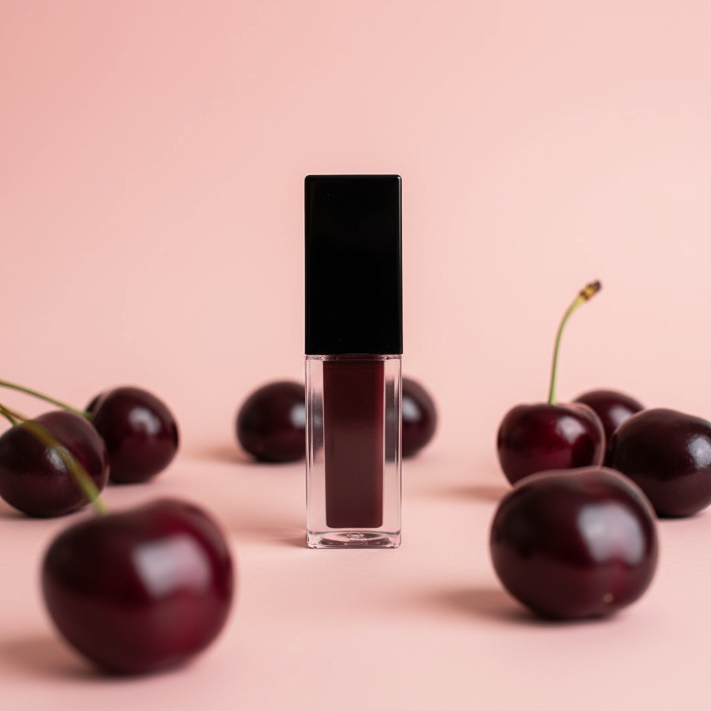 Black Cherry Lip Gloss with Warm Pink Background