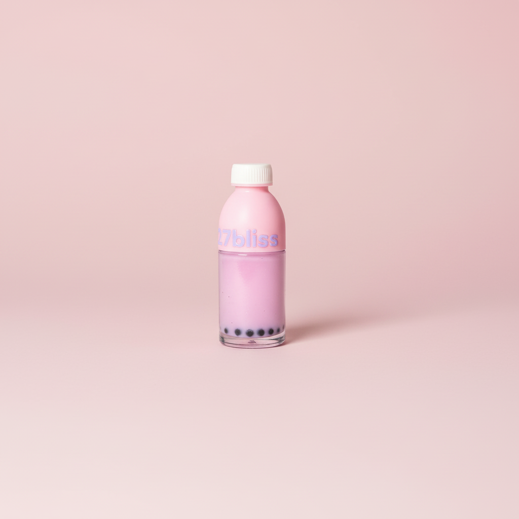 Standardized bubble tea lip gloss on pink background