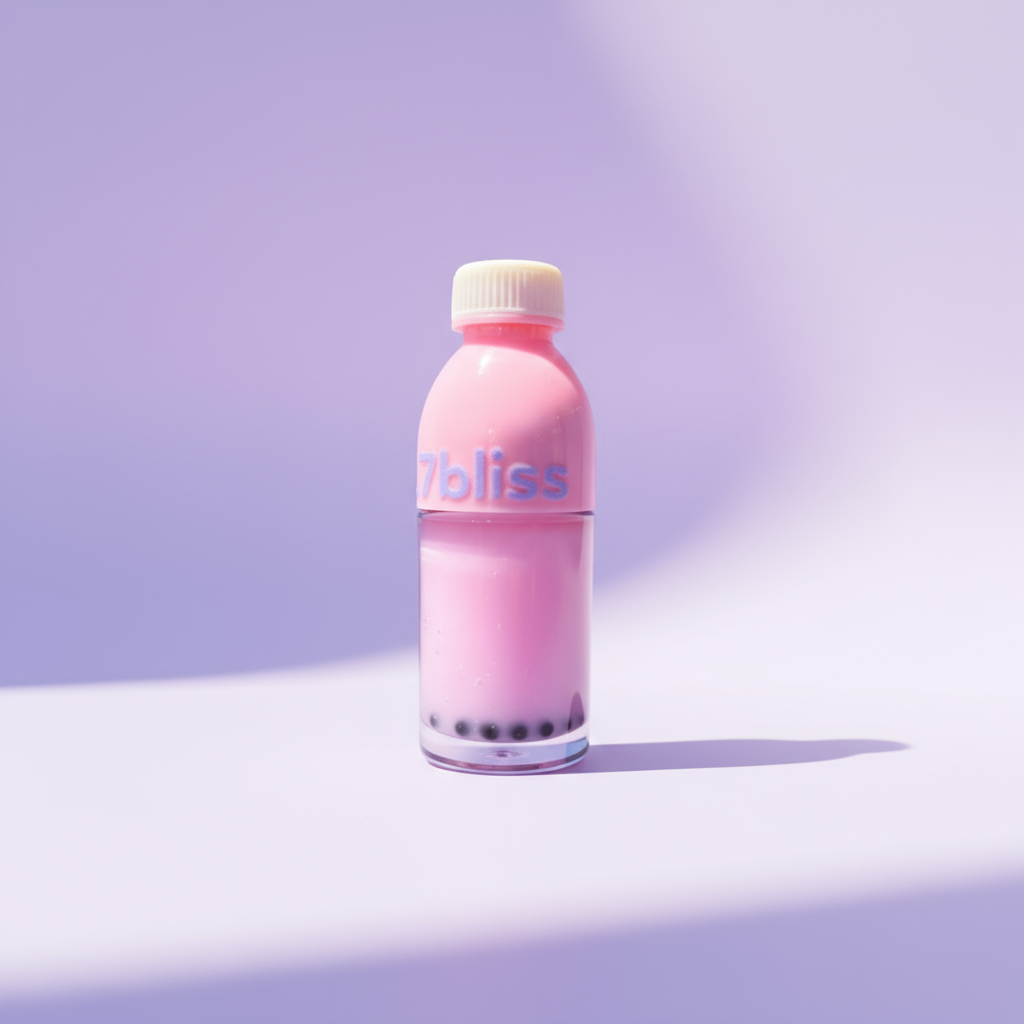Strawberry milkshake bubble tea lip gloss on light purple dreamy background